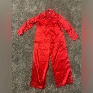 Fredericks of Hollywood Satin Pajama Set Large Long Sleeve & Pants Red